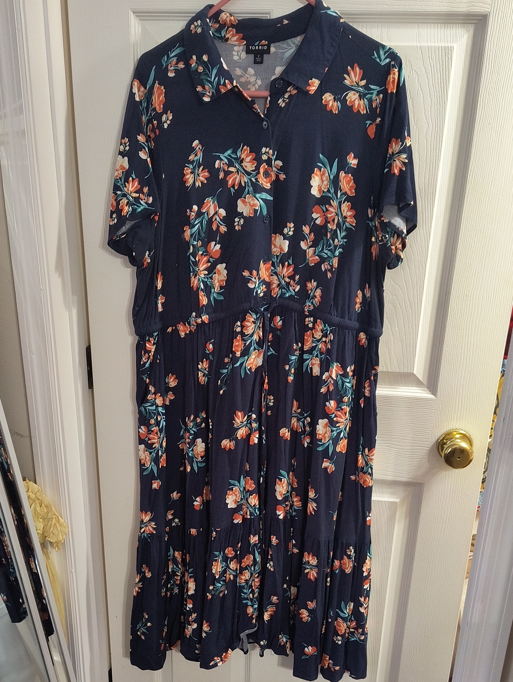 torrid navy floral midi dress with orange blooms and teal leaves